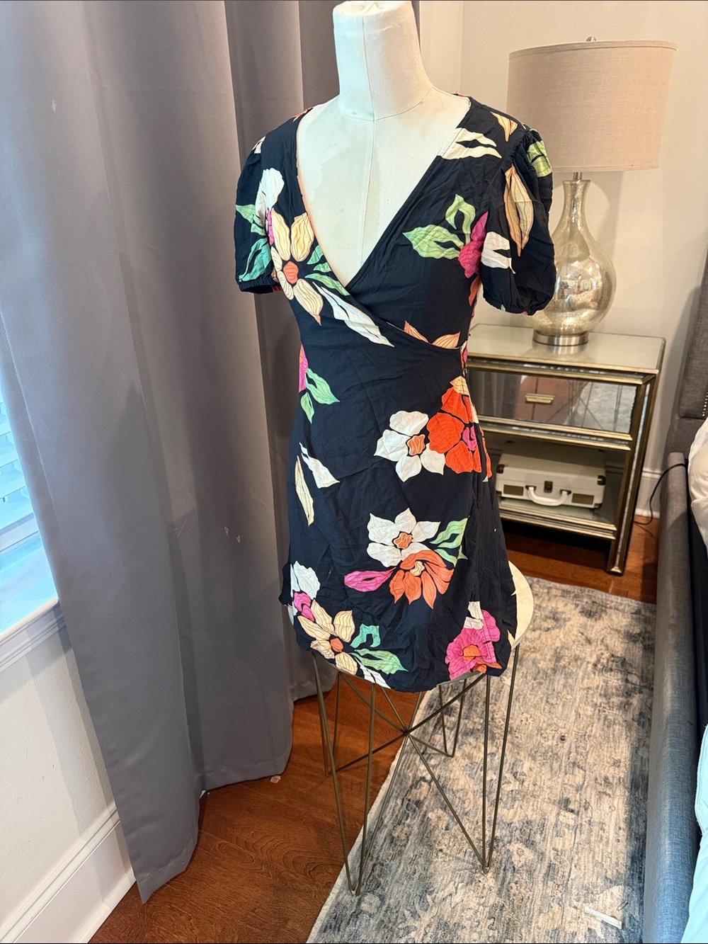 Billabong Black Floral Wrap Mini Dress with Puff Sleeves